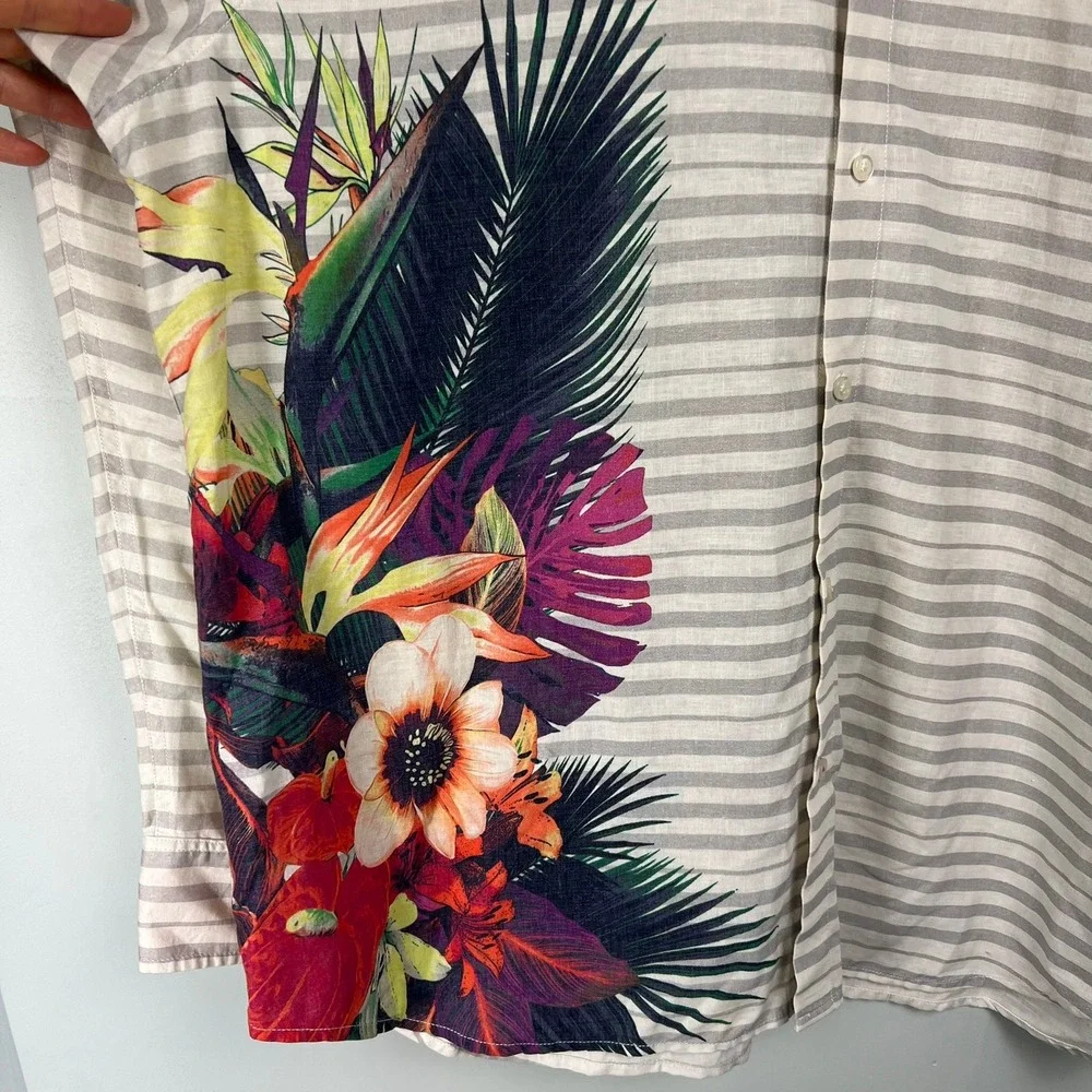 Tommy Bahama Men XXL Striped Tropical Floral Linen Blend Button Down Shirt Aloha